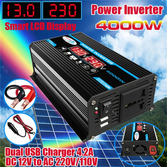 4000W Car Power Inverter – 12V to 220V Converter with LED Display & Dual USB