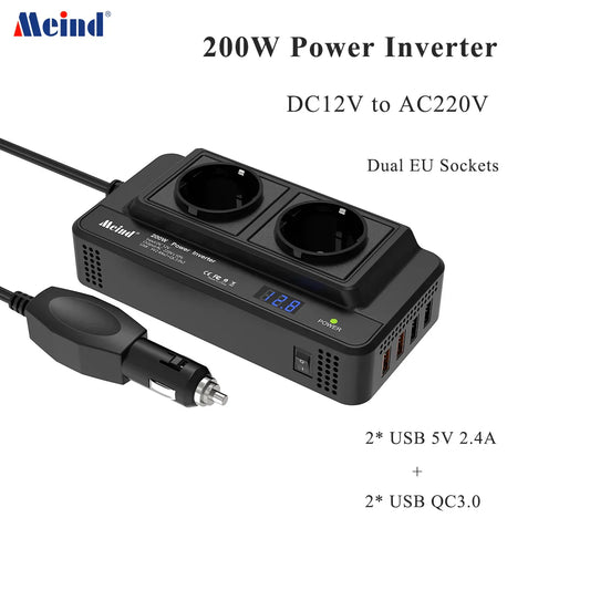 Meind 200W Car Power Inverter – 12V to 220V Converter for Vehicles