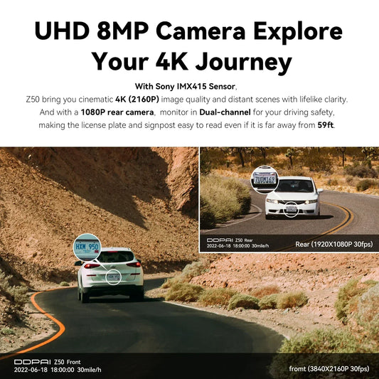 DDPAI Z50 Dash Cam – 4K Front + 1080P Rear Dual Camera with WiFi & GPS
